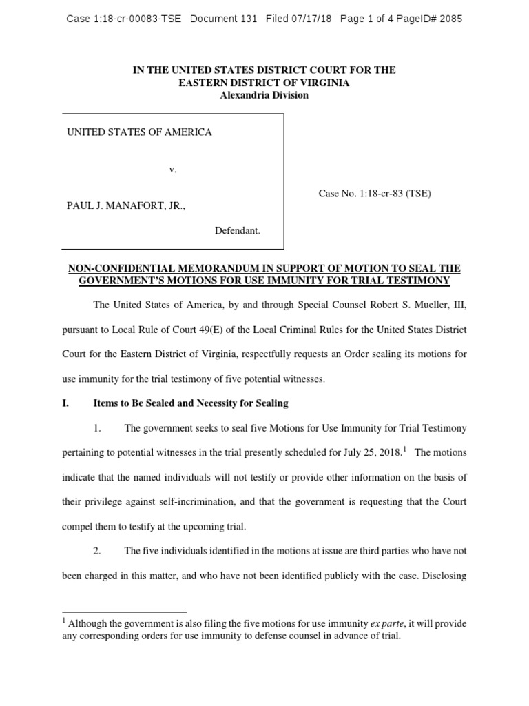 7-17-18 US Motion to Seal Use Immunity Motions | Self Incrimination ...