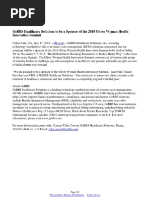 Gebbs Healthcare Solutions To Be A Sponsor Of The 2018 Oliver Wyman Health Innovation Summit Health Care Medical