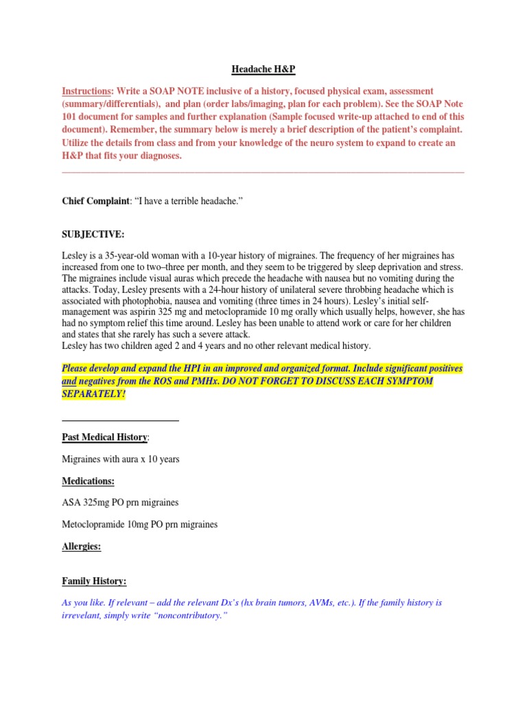 Headache Case Soap Note Headache Migraine