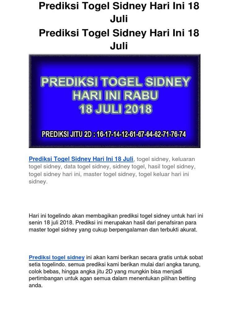Prediksi Togel Sidney Hari Ini 18 Juli Pdf