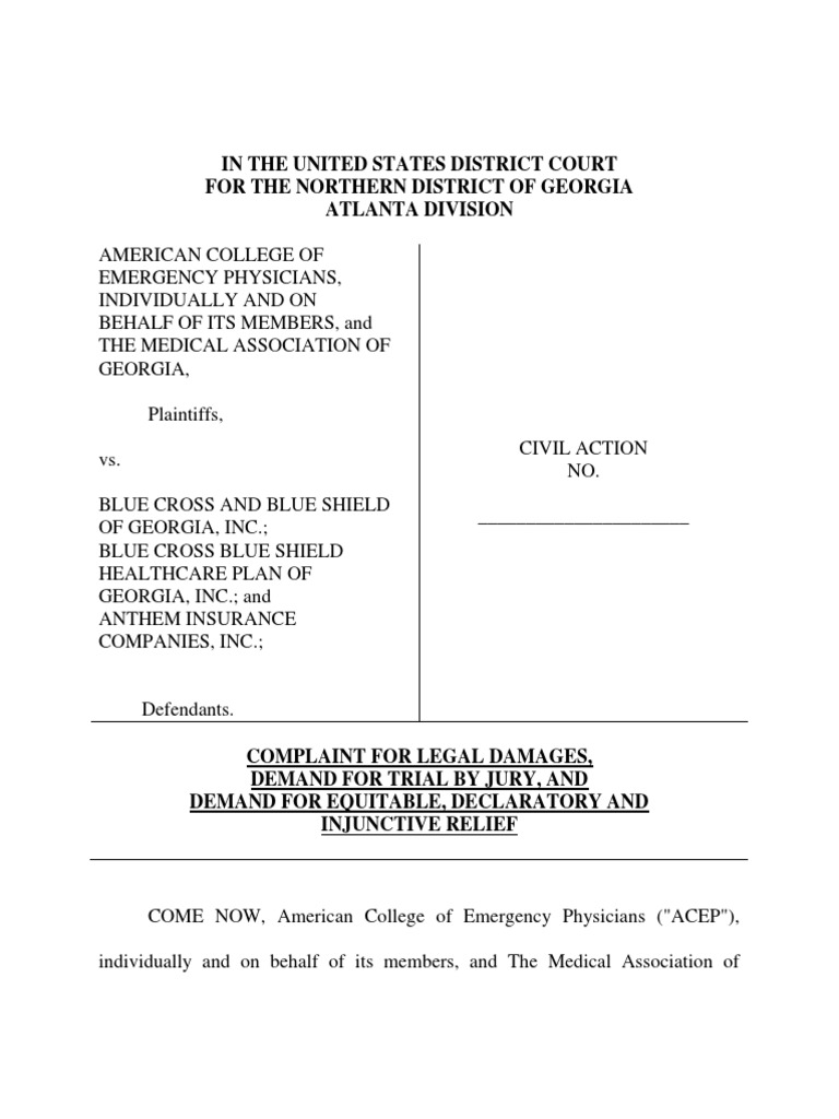 Legal Action Against BCBSGA's ER Policy | PDF | Patient Protection And ...