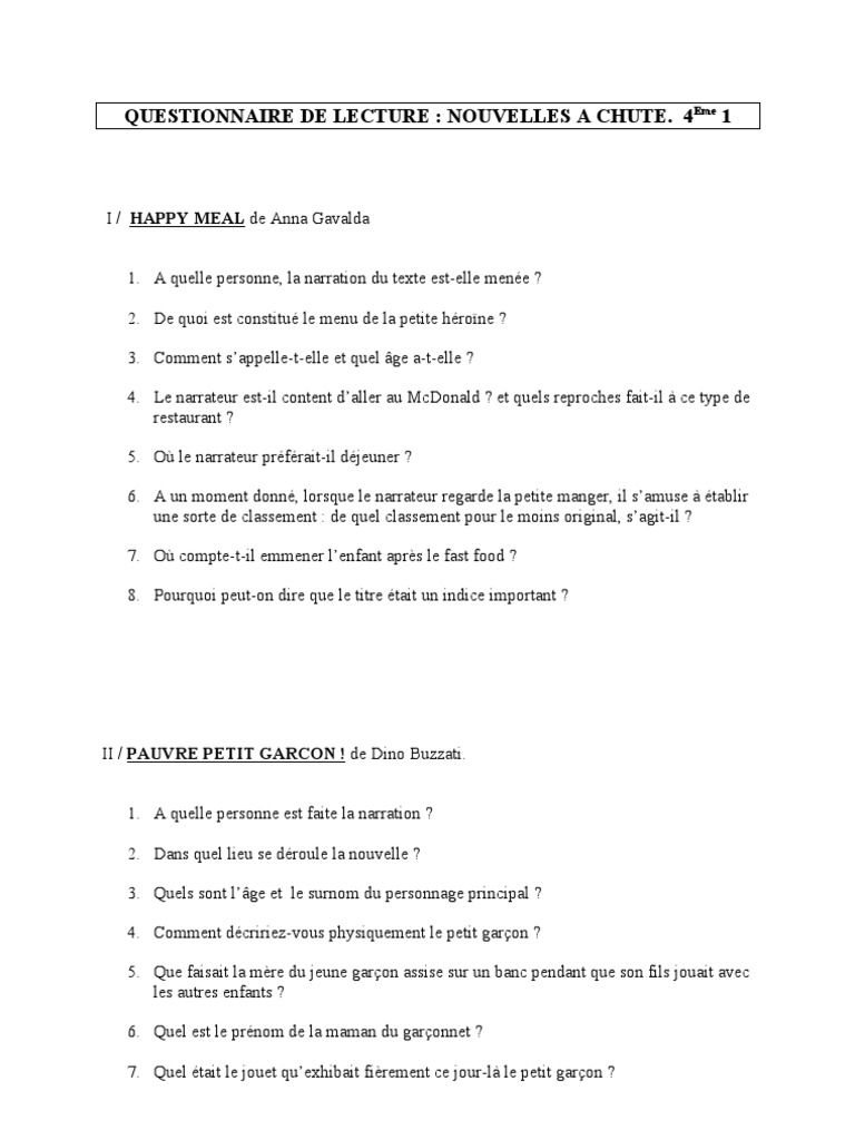 Questionnaire Les Misérables Avec Correction Pdf 3 Questionnaires Nouvelles A Chute 3 Corrections | PDF