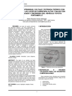 Valoración de Intensidad, Voltaje y Potencia Teórico Con Valor Medido de Las Luces de Carretera Altas y Bajas Con El Motor Apagado y Encendido Del Vehículo Toyota Fortuner 2.7