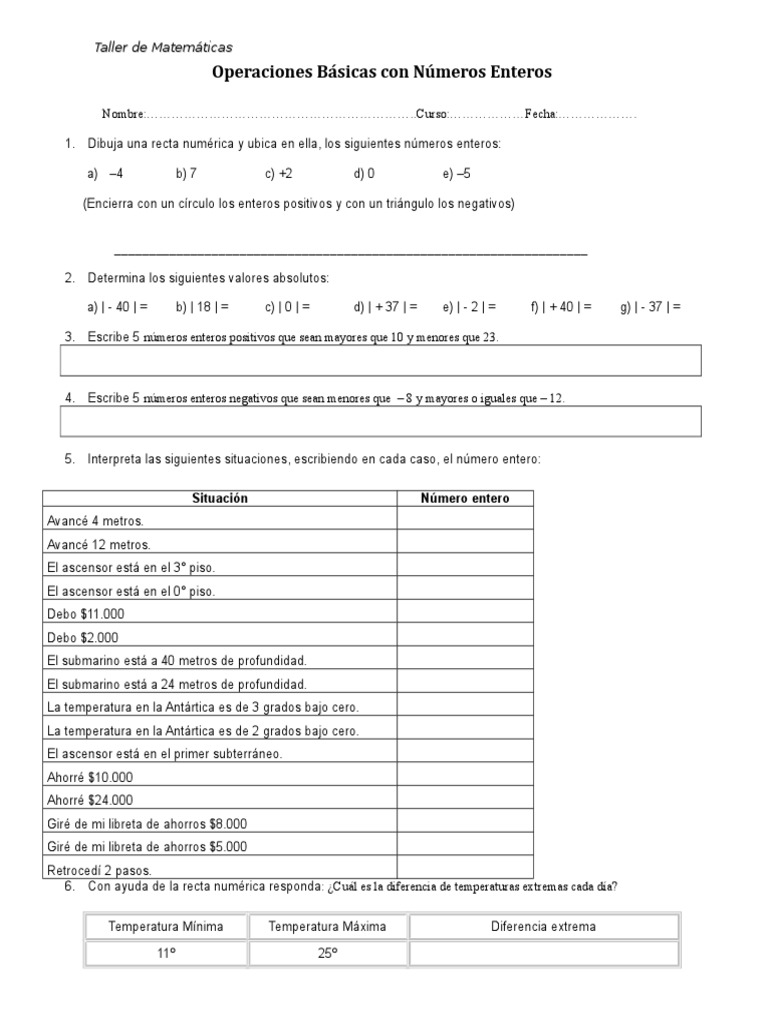 Guia Operaciones Basicas Con Enteros | PDF | Entero | Enseñanza de ...