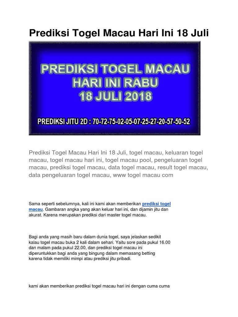 Prediksi Togel Macau Hari Ini 18 Juli | Pdf