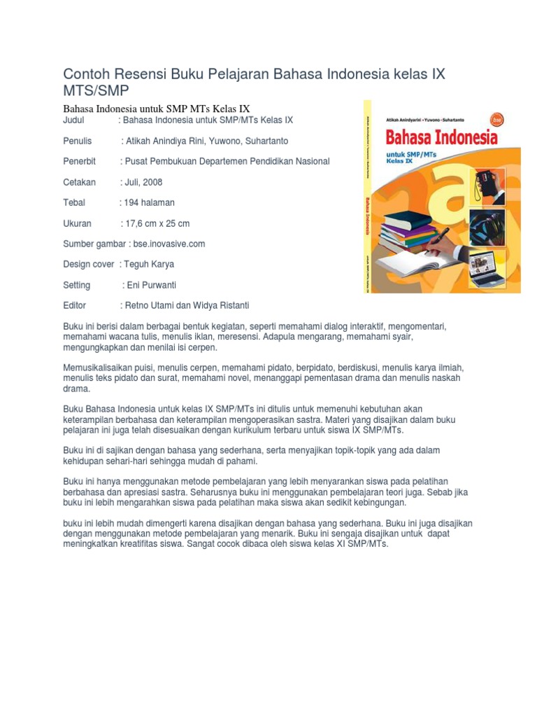 Contoh Resensi Buku Pelajaran Bahasa Indonesia Kelas Ix Mts