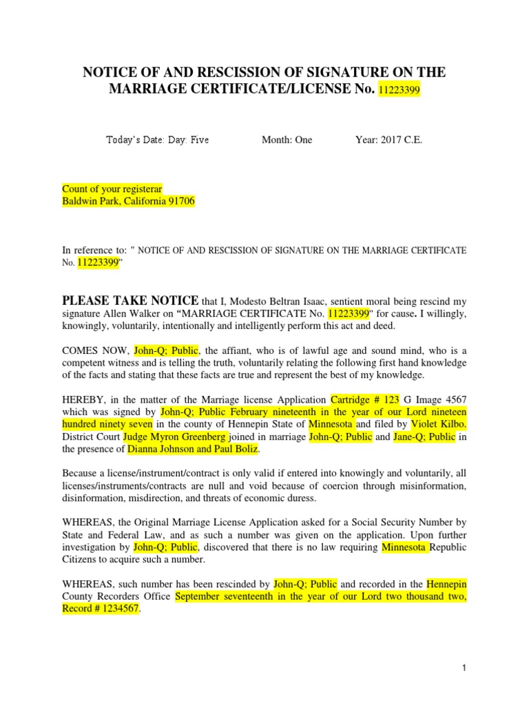 Rescission Marriage License Power Of Attorney Marriage