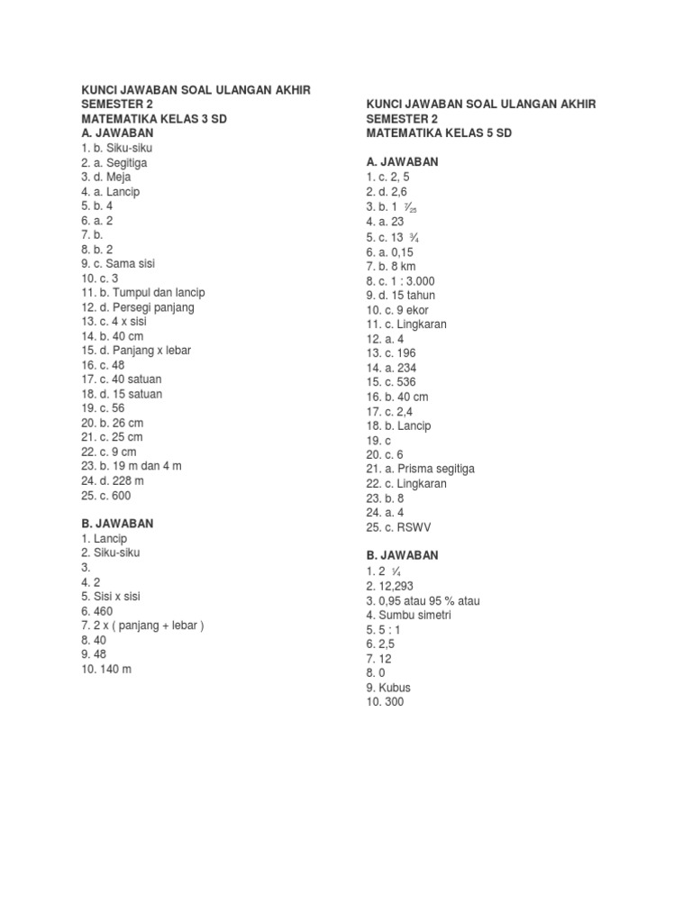 Kelas 3 Dan 5kunci Jawaban Soal Ulangan Akhir Semester 2