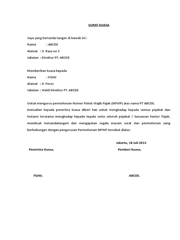 Contoh Surat Kuasa Bikin Npwp Contoh Surat Kuasa Bikin Npwp