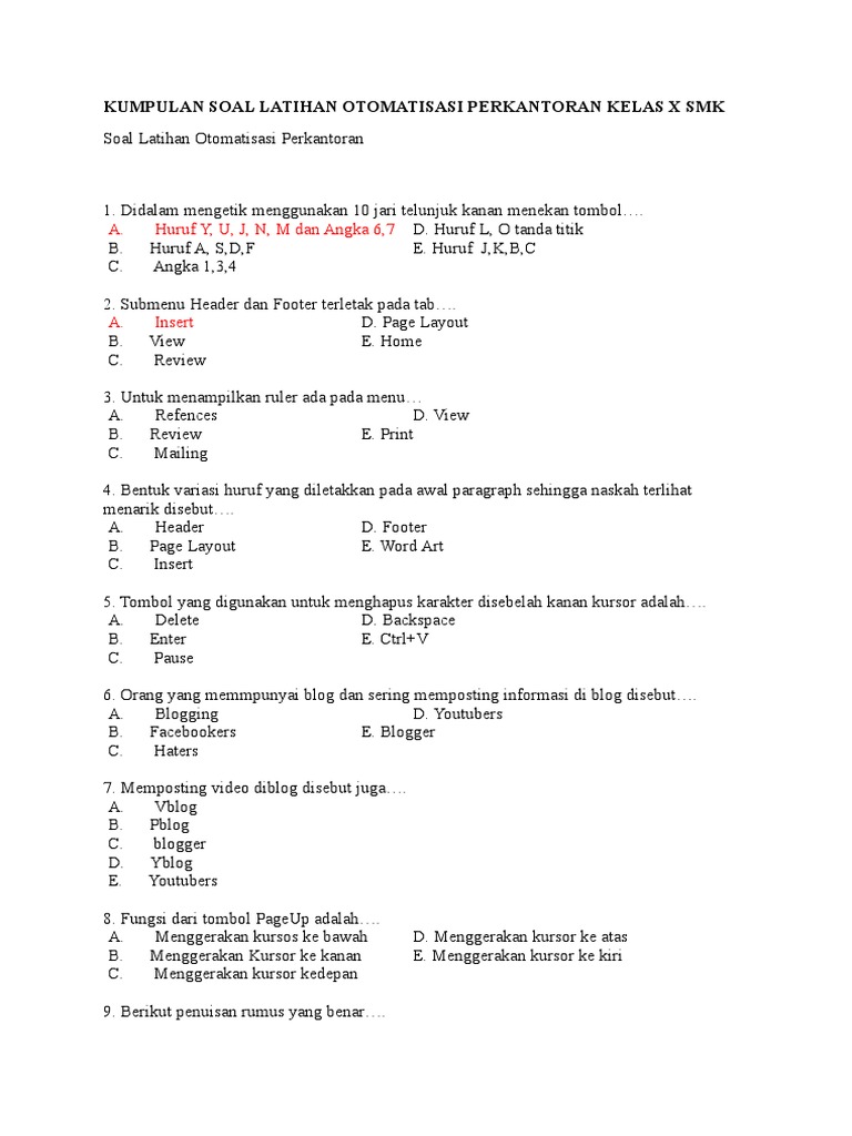 Contoh Soal Teknologi Perkantoran Kelas 10 Beserta Jawabannya Soal Dan Jawaban