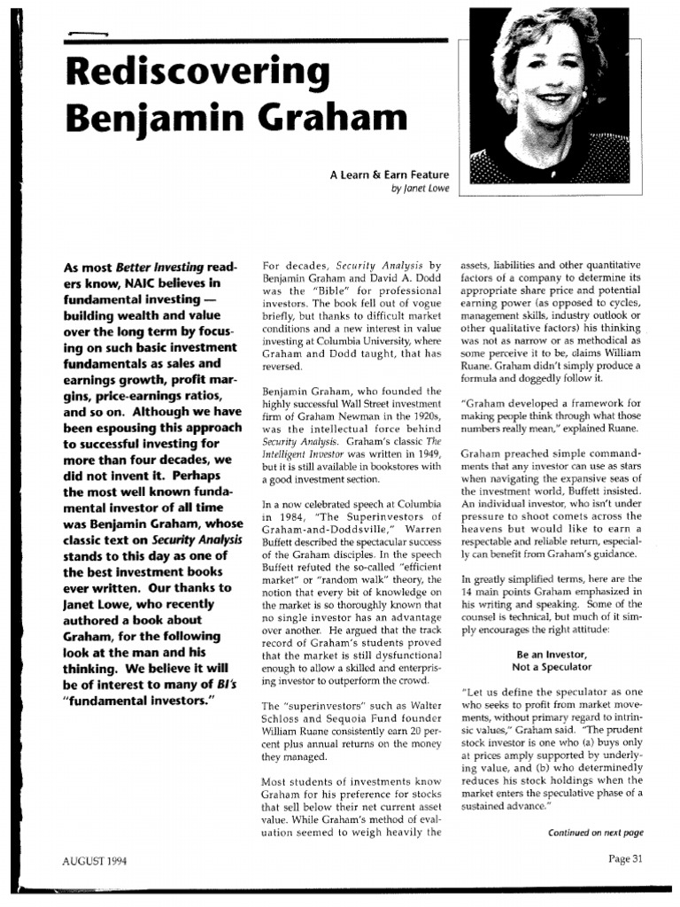 Rediscovering Benjamin Graham, by Janet Lowe, Better Investing Aug 1994 ...
