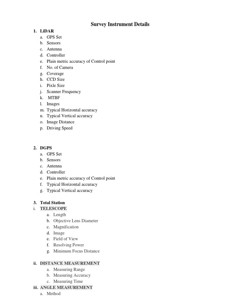 Survey Instruments Details | PDF | Surveying | Lidar