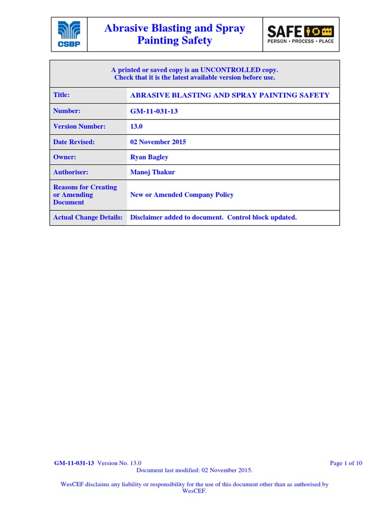 Abrasive Blasting and Spray Painting Safety | PDF | Safety | Personal ...