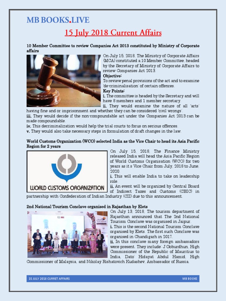 Current Affairs: July 15, 2018 | PDF | Business | Sports