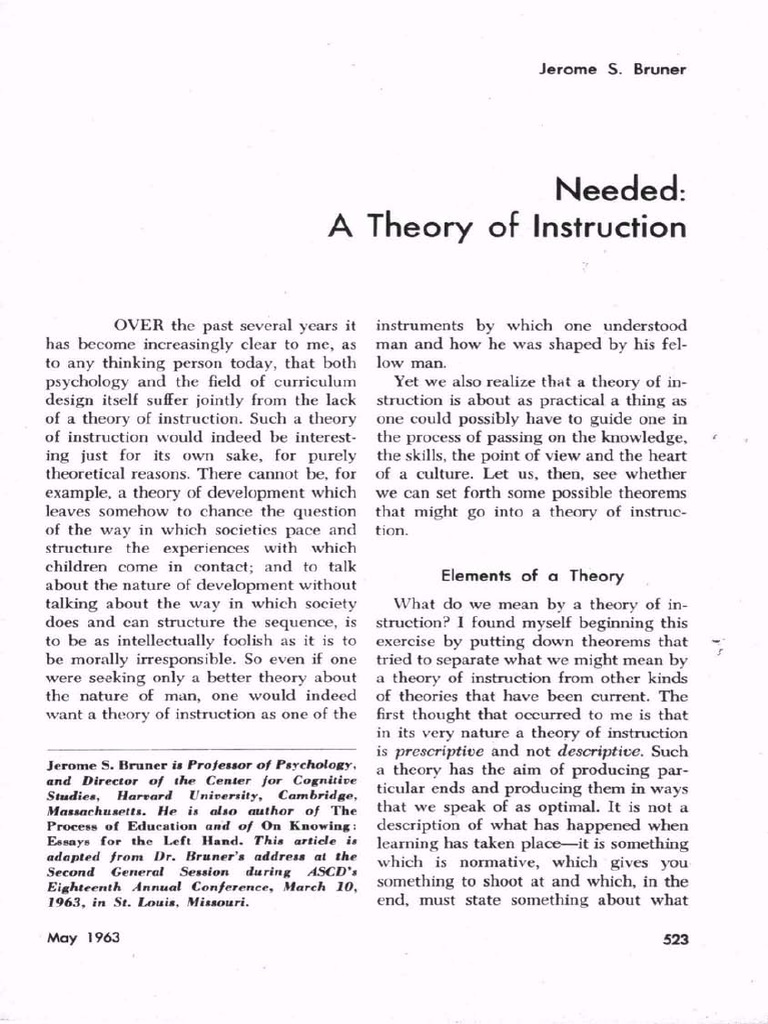 Needed: A Theory of Instruction: Jerome S. Bruner | PDF | Theory | Learning
