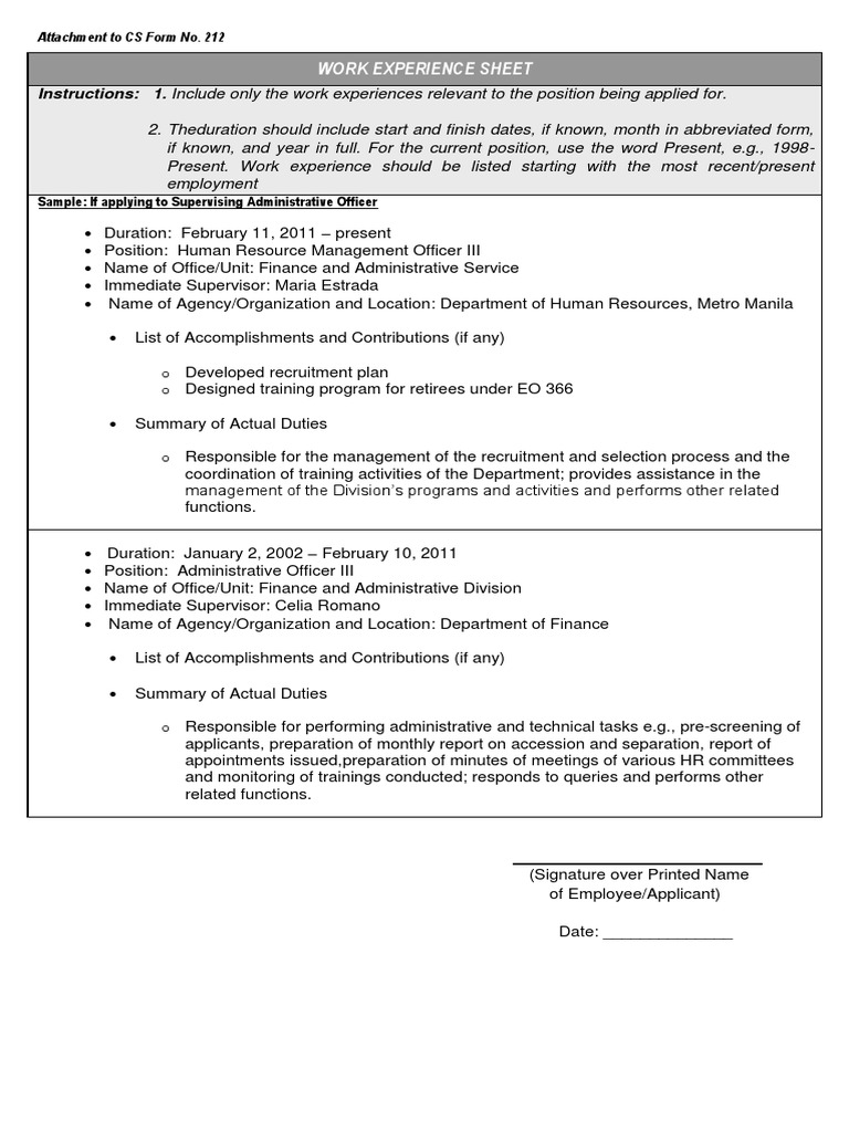 CS Form No. 212 Attachment - Work Experience Sheet - in - CSC - 180101 ...