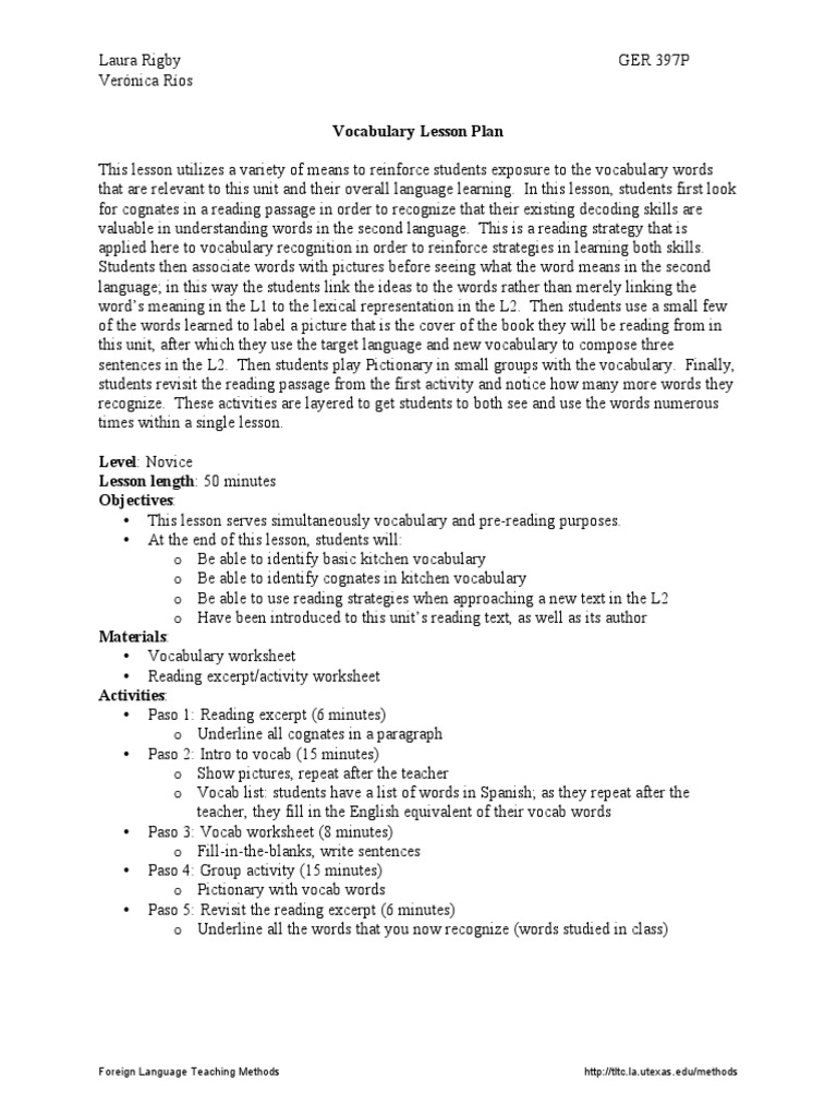 Vocabulary Lesson Plan: Foreign Language Teaching Methods | Download ...