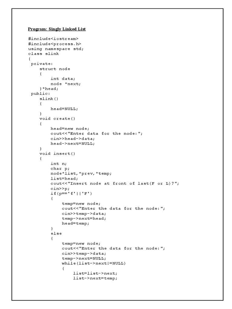 Singly Linked List Program in C | PDF | Data Management | Software ...