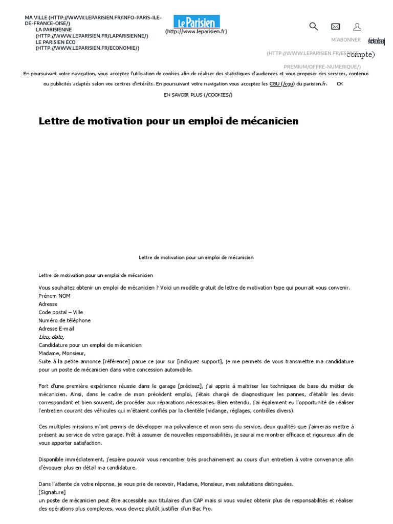 Lettre De Motivation Pour Un Emploi De Mecanicien Modeles