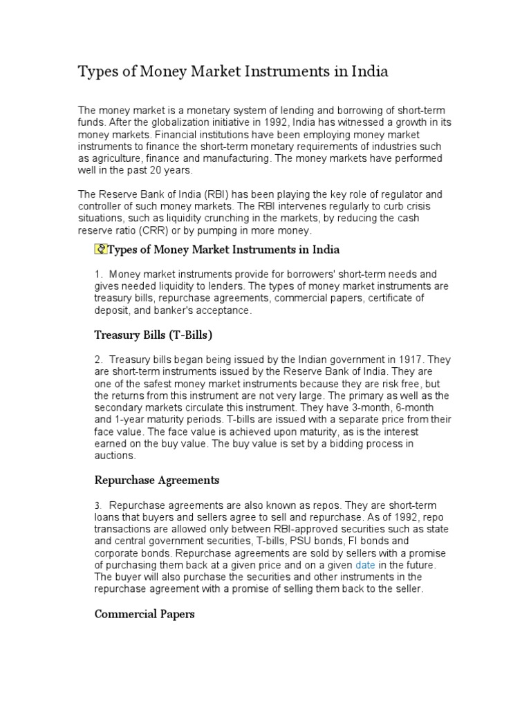 Types of Money Market Instruments in India PDF Repurchase Agreement