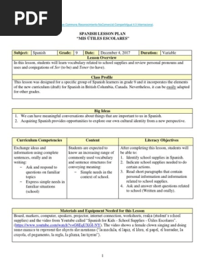 Spanish Lesson Plan School Supplies
