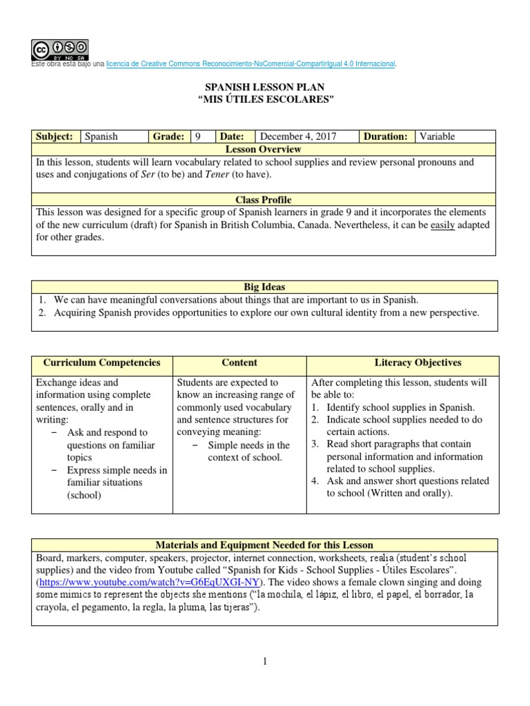 Spanish Lesson Plan School Supplies | PDF | Question | Spanish Language