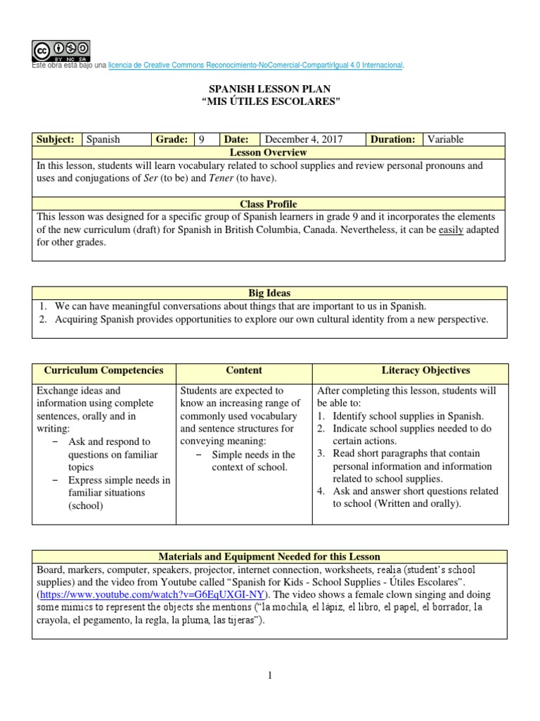 Spanish Lesson Plan Template