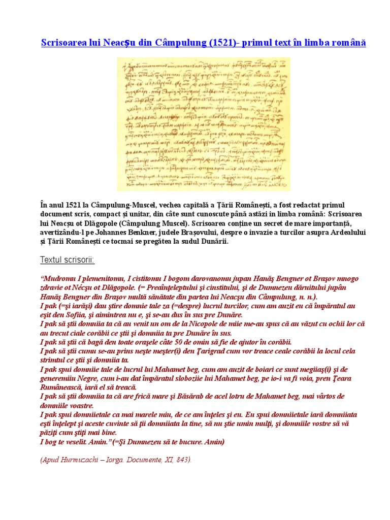 Scrisoarea Lui NeacÈ™u Din Campulung 1521 Primul Text In Limba RomanÄƒ Doc