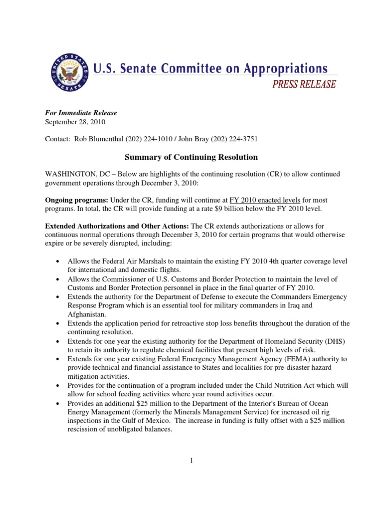 Continuing Resolution Summary Press Release PDF Emergency