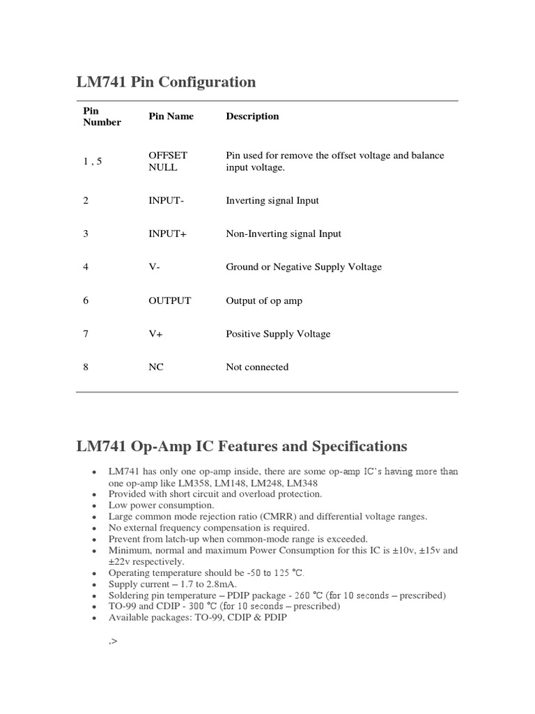 Pin Configuration, Features, Specifications, and Applications of the LM741 Operational Amplifier