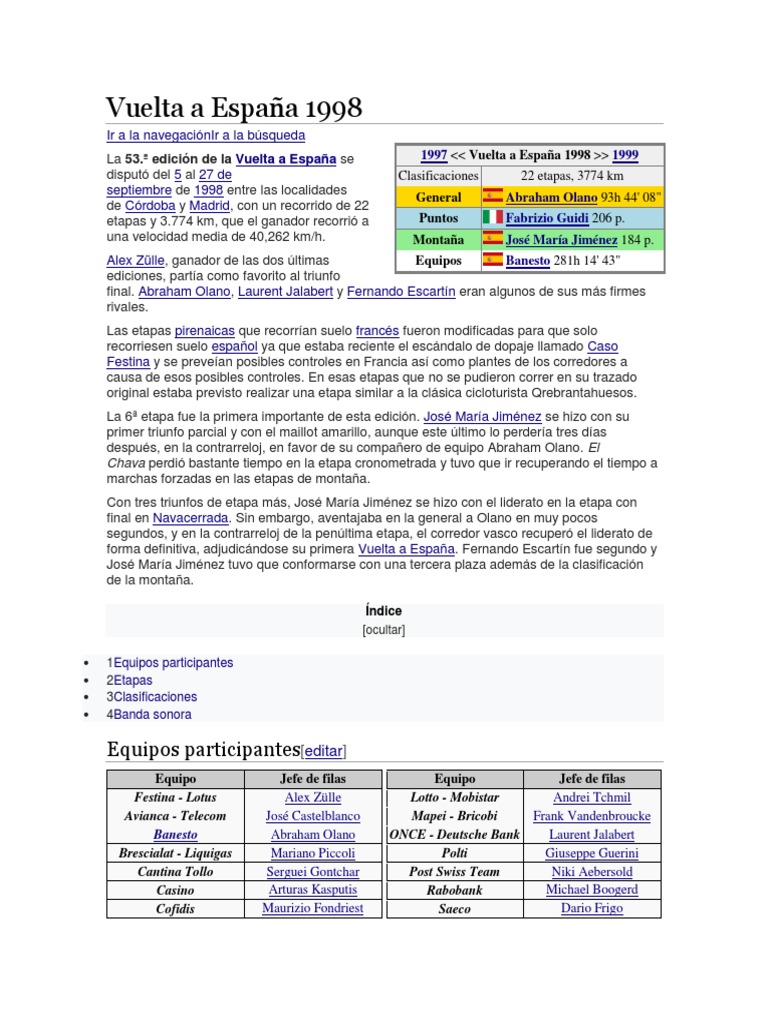 Vuelta A España 1998 PDF Uci World Tour Carrera de bicicletas
