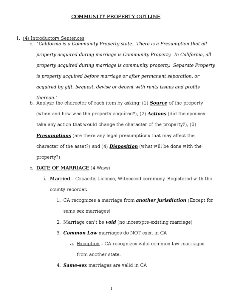 Community Property Outline PDF Community Property Marriage