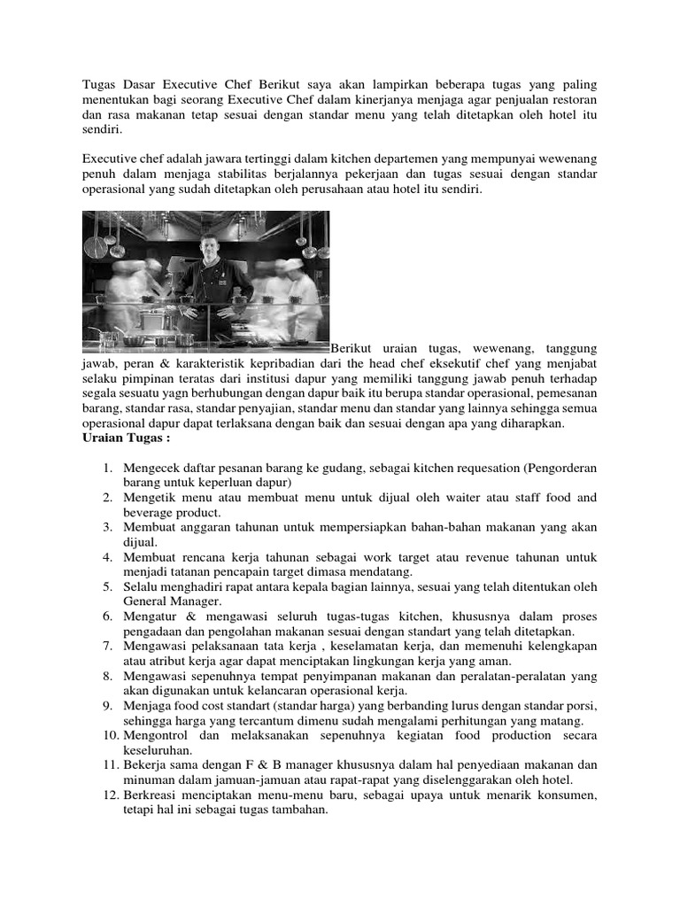 Tugas Dasar Executive Chef | PDF | Karier & Perkembangan