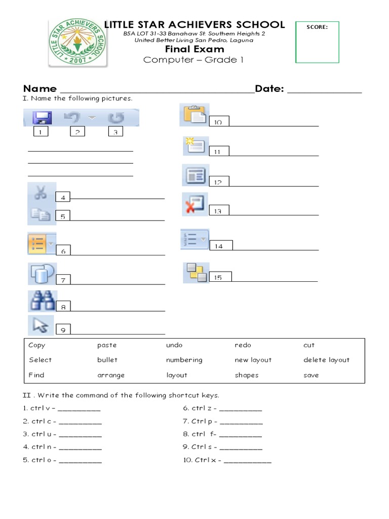 Grade 1-2 Computer Exam | PDF | Control Key | Computer Keyboard