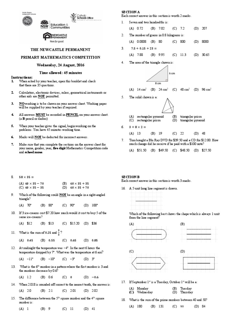 2016 PrimarySchoolMathematicsCompetition Test | PDF | Diving | Triangle