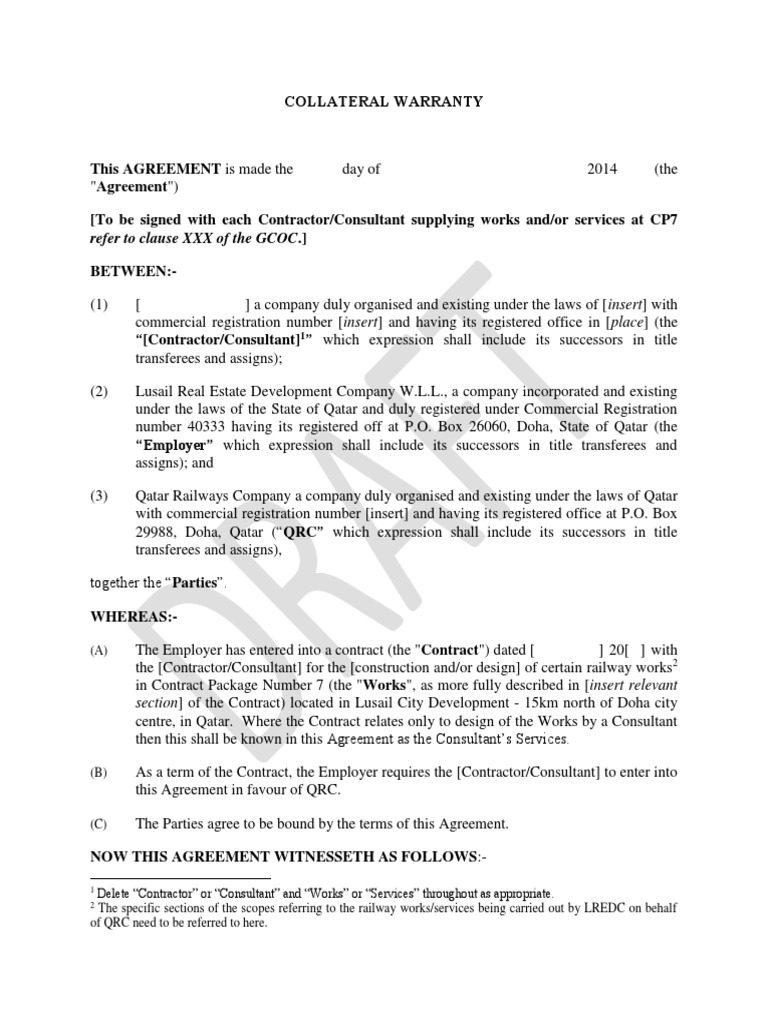 Draft QRC Collateral Warranty MCOL 22 5 14 General Contractor