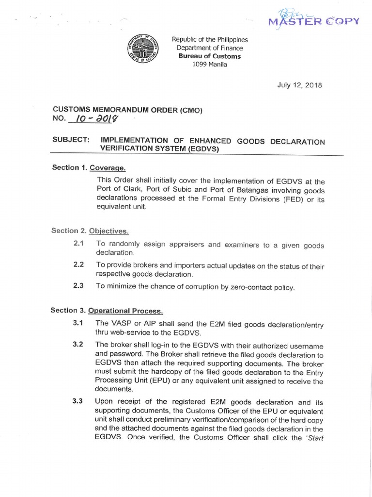BOC CMO-10-2018 - Implementation of Enhanced Goods Declaration ...