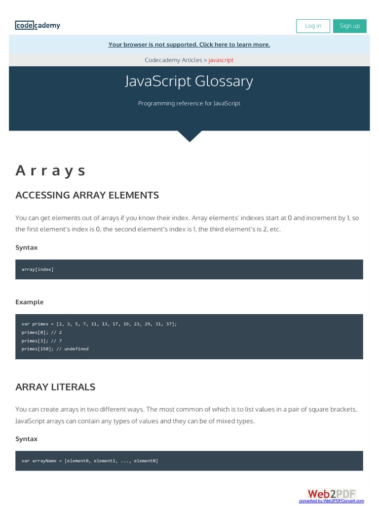 Javascript Glossary: Arrays | PDF | Array Data Structure | String ...