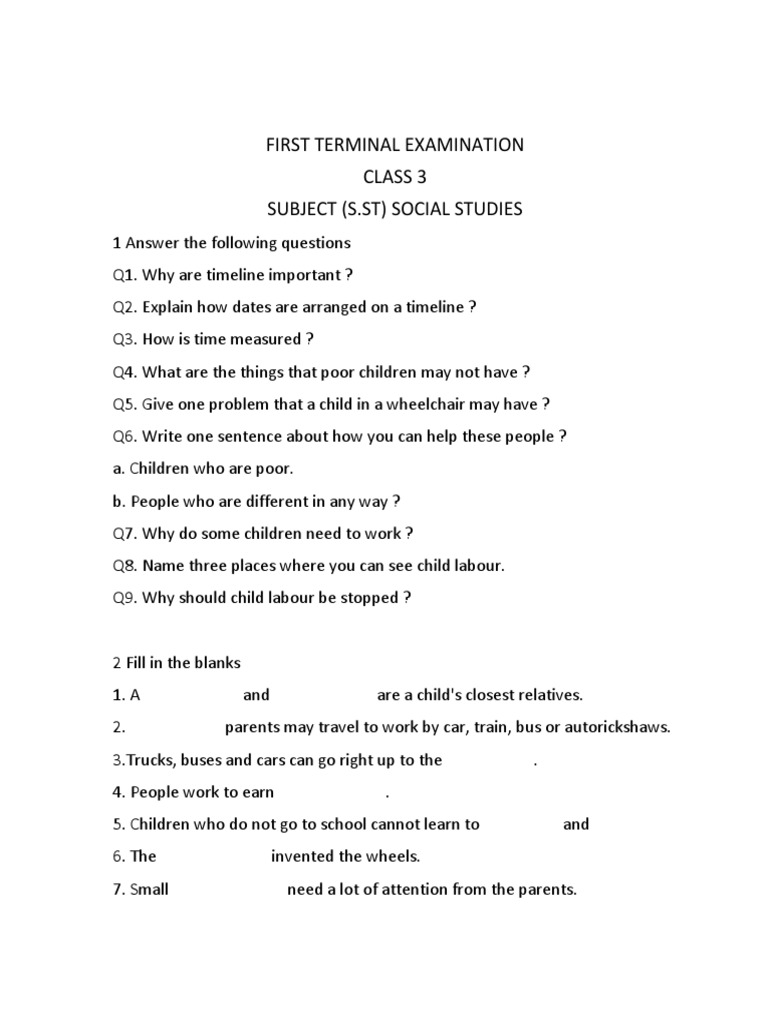 First Terminal Examination Class 3 Subject (S.ST) Social Studies PDF