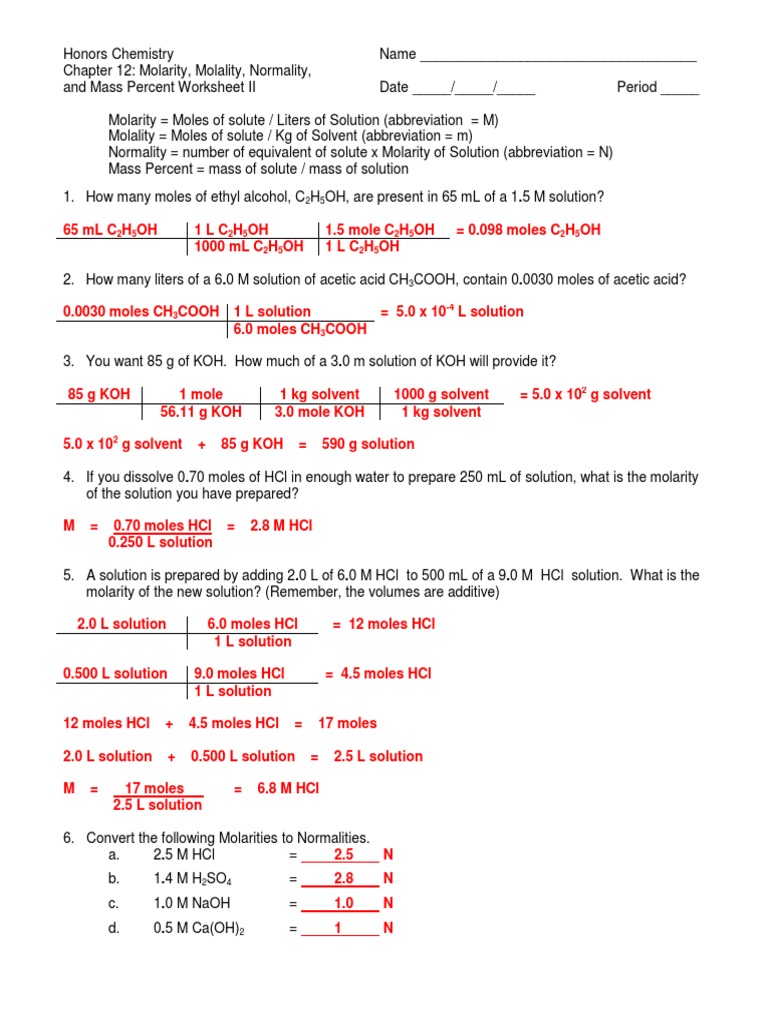 Molarity Molality Normality and Mass Percent Worksheet II Answer Key
