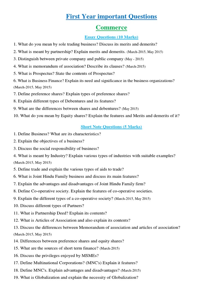Important Questions for 1st Year Commerce | PDF | Bookkeeping ...