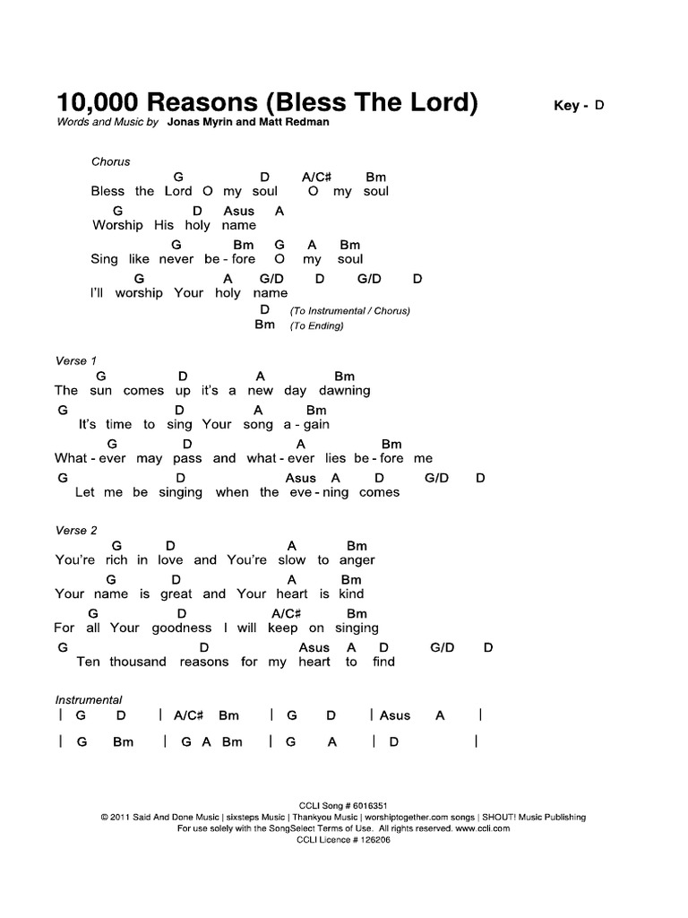 10,000 Reasons (Bless the Lord) - Key of D - Chord Sheet