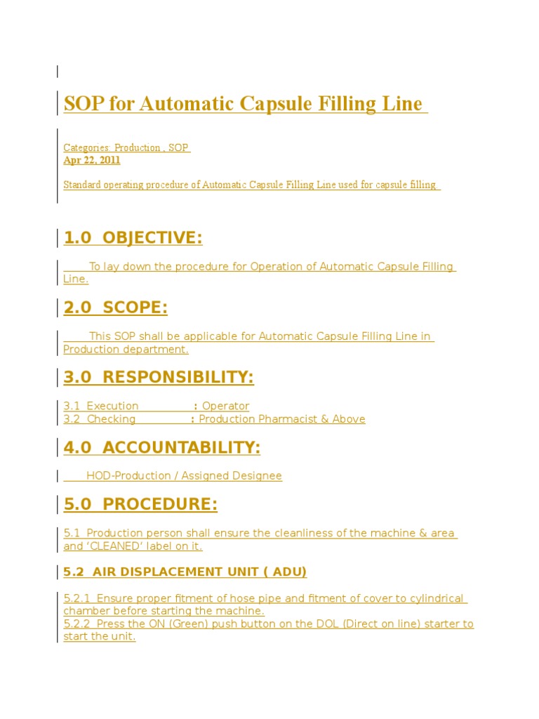 SOP For Automatic Capsule Filling Machine Pharmaceutical