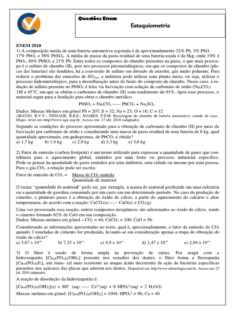 Questões Enem Estequiometria | PDF | Dióxido de carbono | Zinco