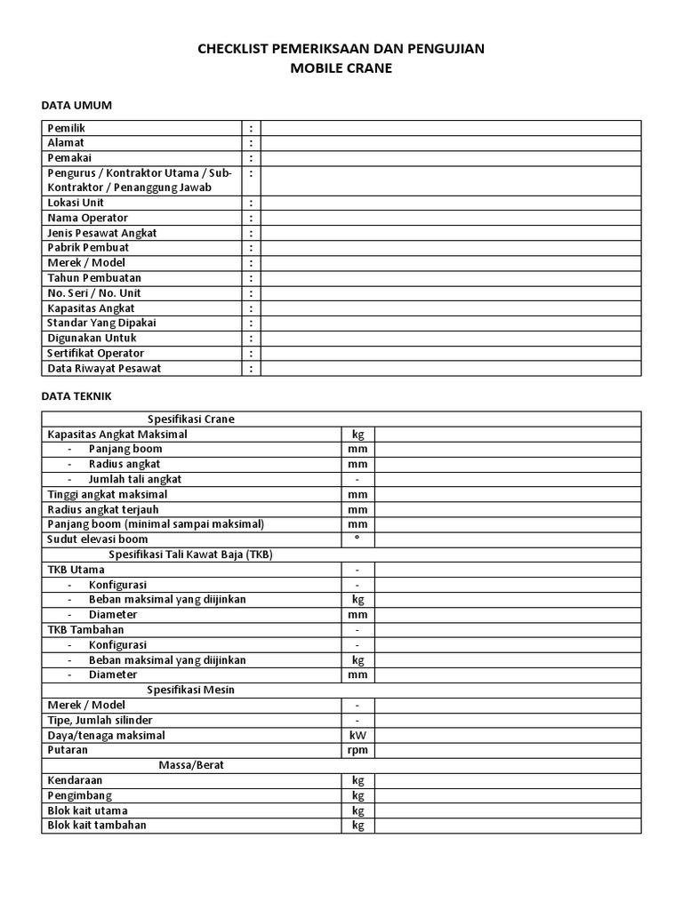 Checklist Mobile Crane | PDF | Teknologi & Rekayasa