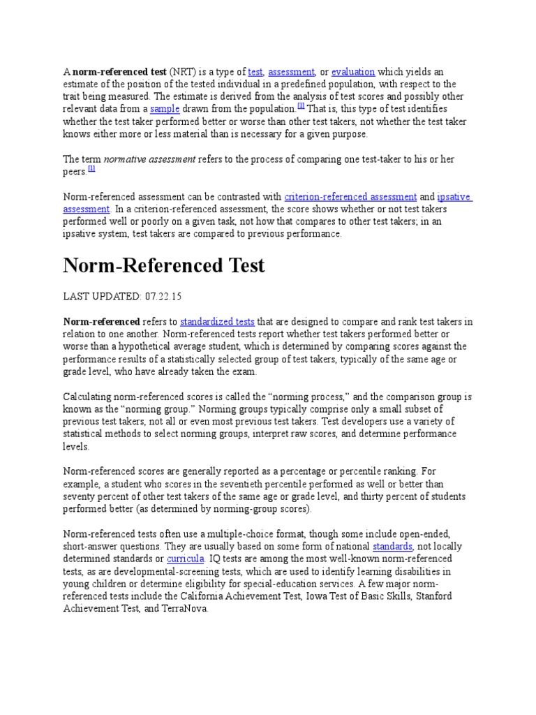 Advantages of Norm Referenced Tests PDF Test (Assessment) Teaching