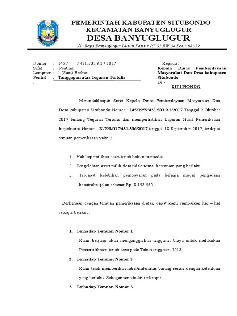 Surat Tanggapan Temuan 2016