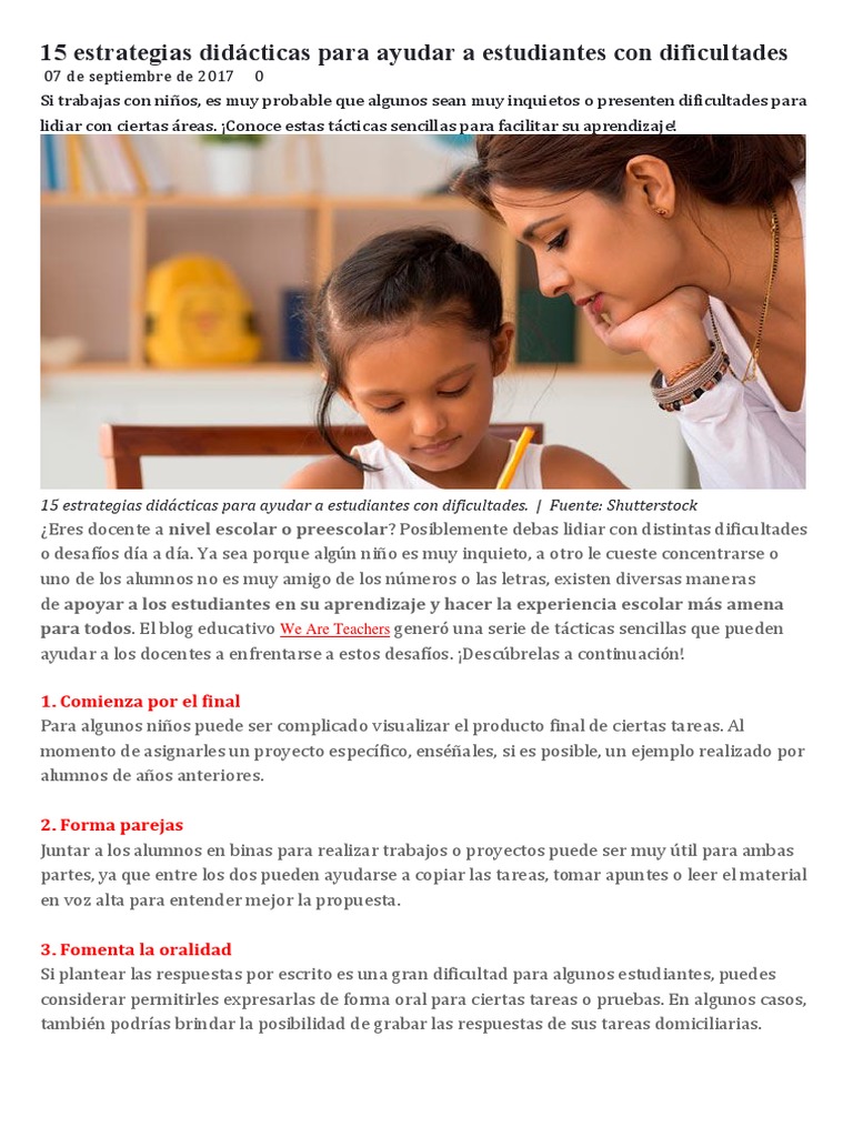 15 Estrategias Didácticas para Ayudar A Estudiantes Con Dificultades ...