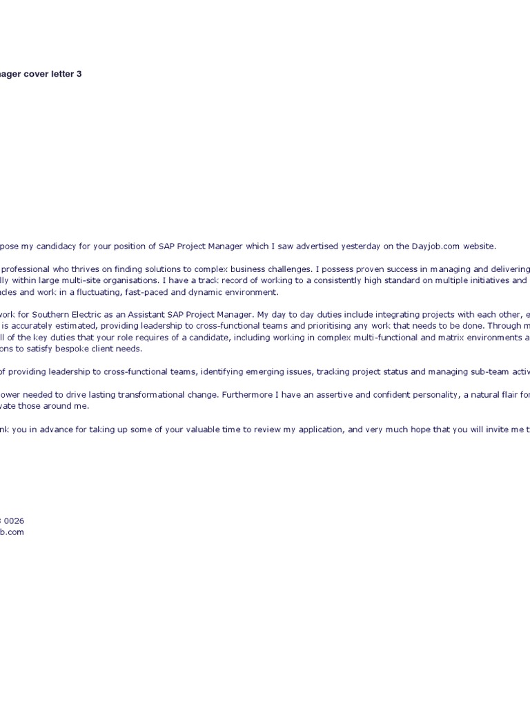 SAP Project Manager Cover Letter | PDF | Business | Computers