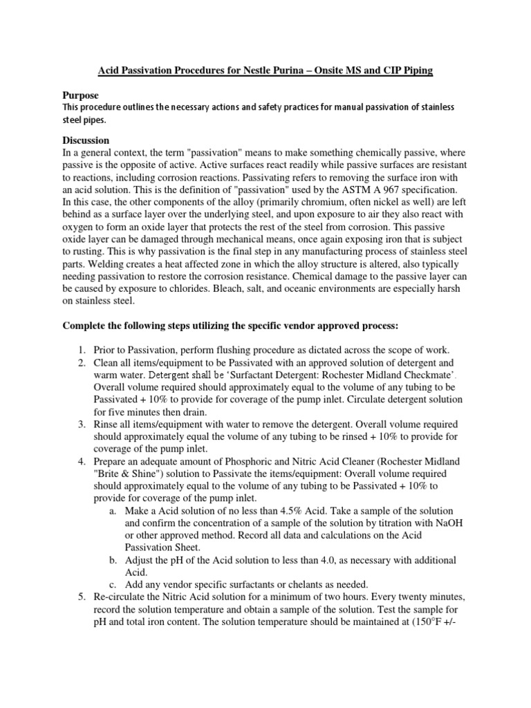 Acid Passivation Procedure for Stainless Steel | PDF | Corrosion ...